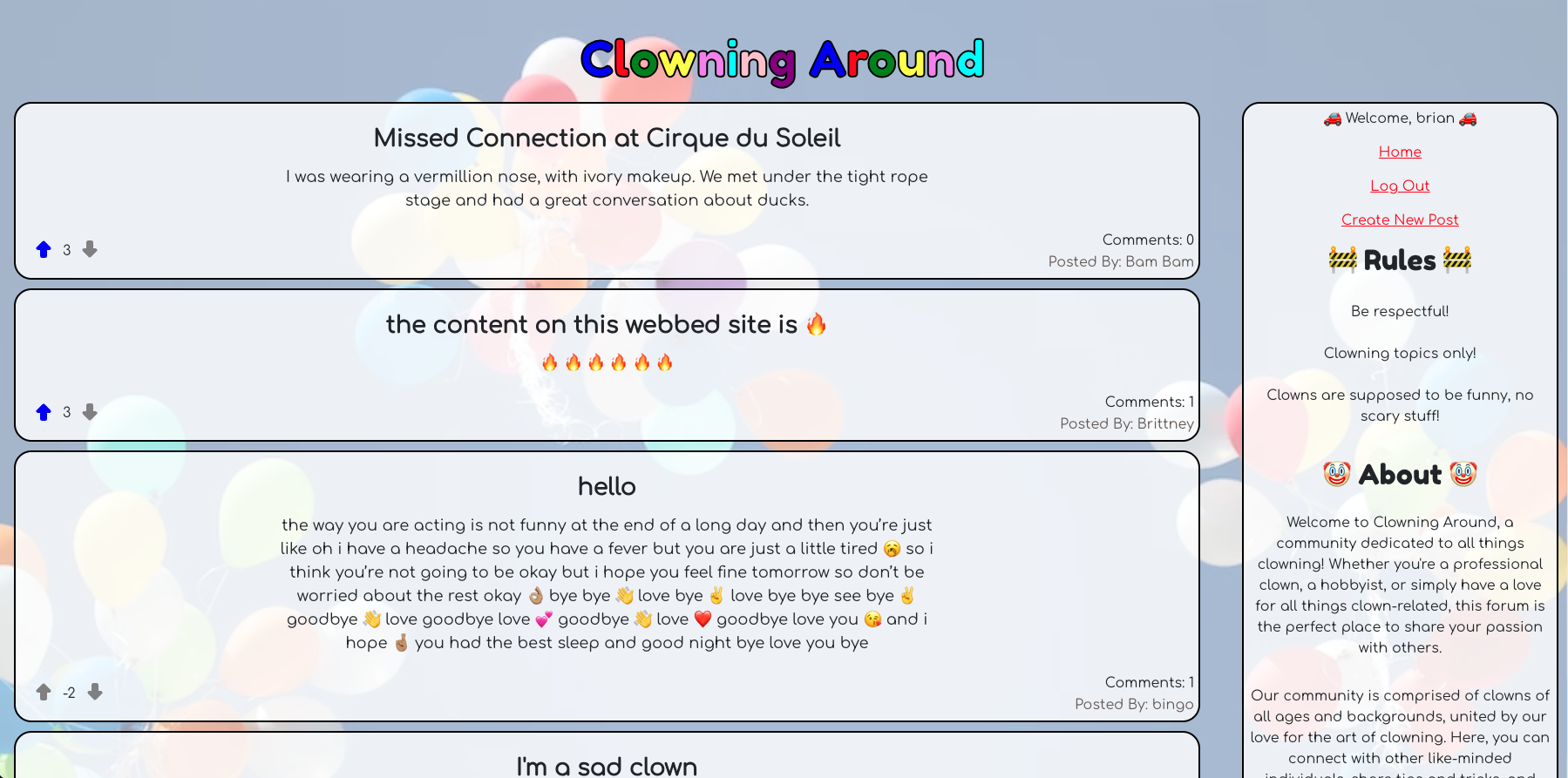 screenshot of clown forum app